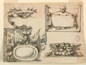 Tekening, Een wapenschild, een trofee, een etiket, een decoratief motief voor een fries, 1750-75