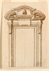 Tekening, uitsnede van een deurkast, 1750-75