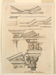 Tekening, Studies voor kroonlijsten en fronton, ca. 1770