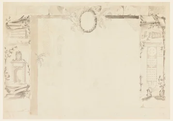 Tekening, onvoltooid ontwerp voor een gedenkblad dat verwijst naar de bouw van een pauselijke fabriek (Magazins van Annona), 1760-69