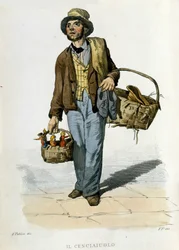 Kleine handel van de stad Napels: de cenciauolo. Hij was een personage die oude stoffen en kleren verzamelde die hij gebruikte om te ruilen voor stukken zeep. Gravure naar een schilderij van F. Palizza. Uit een werk van Francesco de Bourcard 