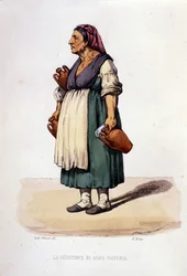 Kleine bedrijven van de stad Napels: wandelende verkoopster van zwavelwater. Gravure uit een werk van Francesco de Bourcard 