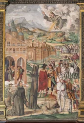 De heilige verschijnt aan de gezegende Luca Belludi en voorspelt de bevrijding van Padua, School van de Heilige