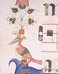 Missaal 515 f.120v Groteske vogel met menselijk hoofd, detail van decoratieve rand uit een Koorboek uitgevoerd voor 1449