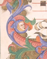 Missaal 515 f.156r Zoomorfisch loofwerk met een gehuld hoofd, (detail)