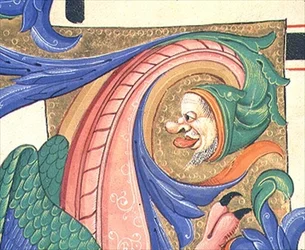 Zoomorfisch loofwerk met een mannelijk hoofd dat een gezicht trekt (detail)