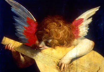 Gevleugelde putto die een luit speelt