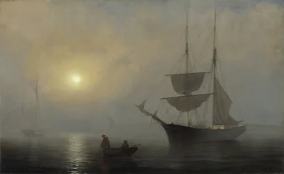 Schip in de mist, haven van Gloucester