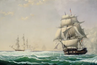 De Amerikaanse fregat President in gevecht met het Britse squadron in 1815