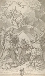 Patroonheiligen van Bologna kijken omhoog naar de Maagd die in de wolken zit, 1640-50