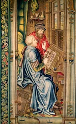 Een schrijver die een verslag schrijft (detail)