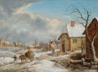 Een dorp in de winter met een paard dat een kar met hout trekt