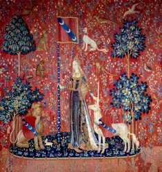 Een jonge vrouw omringd door een leeuw, een eenhoorn, een aap, konijnen - Wol- en zijden wandtapijt gemaakt tussen 1484 en 1500, Van het kasteel van Boussac, Creuse. Zon. 3,7x4,7 m - Parijs, nationaal museum van de Middeleeuwen, Thermen van Cluny - Allegor