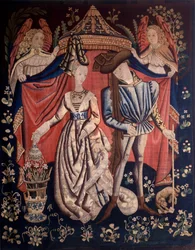 Karel van Orléans en Marie de Clèves onder een baldakijn - Wandtapijt gemaakt in de ateliers van Brussel