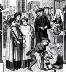 Heffingen op wijnen, verleend aan het kapittel van Doornik door koning Chilperic, naar een raam van de kathedraal van Doornik