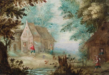 Cijfers in de buurt van huisjes in een bosrijke omgeving