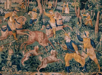 Vlaamse wandtapijt. Hertenjacht. Atelier van Oudenaarde. 17e eeuw.