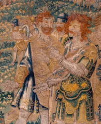 Flemish tapestry. Hannibals brother Hasdrubal taken prisoner by the Roman (Hannibals broer Hasdrubal gevangen genomen door de Romeinen). Atelier of Oudenaarde. 347x407cm. Inv 00005.