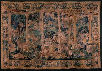 Vlaamse wandtapijt. Landschap met pergola en grote dieren. Versie met uitgebreide pergola. Atelier van Oudenaarde. 340x498cm. Inv 00023. 17e eeuw.