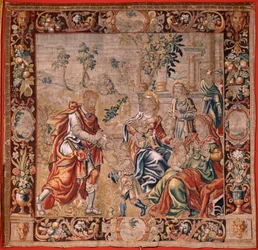 Vlaamse wandtapijt. Serie Esau en Jacob. Jacob verzamelt zijn vrouwen voordat hij naar Kanaän vlucht. Eerste wandtapijt in de serie. Atelier Nederland, tweede helft van de 16e eeuw. Stof