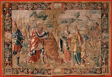 Esau en Jacob. Ontmoeting tussen Jacob en Esau. Derde wandtapijt in de serie.