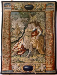 Vlaamse wandtapijt. Serie Galanterie. Koppel met muzikant. Fabriek Brussel, begin 17e eeuw. Stof Zijde en wol, 5/6 scheringen per cm. Grootte 348 x 263 cm. Locatie Kerk van San Millán de la Cogolla, Oncala (Soria). Oorsprong