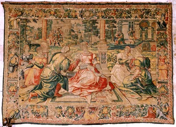 Vlaamse wandtapijt. Serie Marcus Antonius en Cleopatra. Cleopatra en haar hof. Model Carton toegeschreven aan Pieter Coecke van Aelst. Atelier Brussel(?). Tweede helft van de 16e eeuw. Stof Zijde en wol. Afmeting 310 x 435 cm. Oorsprong
