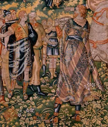 Vlaamse wandtapijt. Serie Verhaal van Cyrus. Nr. II Astyages herkent Cyrus. Anoniem, gebaseerd op Michiel Coxcie. Atelier Antwerpen. Ca 1590.