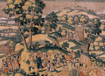 Vlaamse wandtapijt. Serie Verhaal van Cyrus. No VI Tomyris beveelt het hoofd van Cyrus in een vat met bloed te dompelen. Anoniem, gebaseerd op Michiel Coxcie. Atelier Antwerpen.