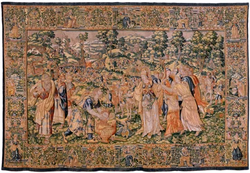 Vlaams wandtapijt. Serie Verhaal van Cyrus. Tomyris beveelt het hoofd van Cyrus in een vat bloed te dompelen. Anoniem, gebaseerd op Michiel Coxcie. Atelier Antwerpen. Zijde en wol.