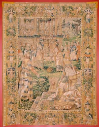 Vlaamse wandtapijt. Serie Het boek van Judith. Judith toont het hoofd van Holofernes. Negende wandtapijt in de serie. Atelier Nederland, Brussel(?). Tweede helft van de 16e eeuw. Stof Wol. Locatie Kerk van Sint