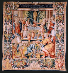 Vlaamse wandtapijt. Serie De Geschiedenis van Hannibal. Hannibals eed (Juramento de Aníbal). Eerste wandtapijt in de serie. Cartoons anonieme meester van de Nederlanden. Brusselse fabriek, werkplaats. Ca 1570. Stof Wol en zijde, 6,5/7 scheringen per cm. Gr