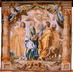Vlaamse wandtapijt. Serie De Triomf van de Eucharistie. De vier evangelisten. Elfde wandtapijt in de serie. Model Peter Paul Rubens. 1626-1628. Fabriek Jan II Raes, Hans Vervoert, Jacques Fobert, Brussel.