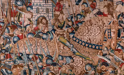 Vlaamse wandtapijt. Serie De Trojaanse Oorlog. De vernietiging van Troje. Elfde wandtapijt in de serie. Model Coëtivy Meester. Ca 1470.