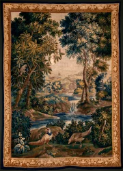 Vlaamse wandtapijt. Zogenaamde Verdure (Landschap met water, bomen en fazanten). Atelier van Oudenaarde. 277x200cm. Inv 00012. 17e eeuw.