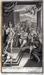 Jupiter stuurt twee adelaars: een ziener verklaart dit wonder. Illustratie voor boek II van de Odyssee van Homeros, gepubliceerd in Amsterdam in 1731, privécollectie Milaan