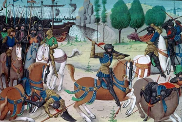 Ms 5089-90 De Slag bij Hastings, 14 oktober 1066, uit Chronique des Empereurs door David Aubert