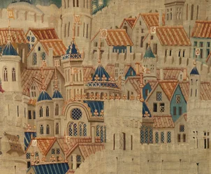 Parochiemuseum van wandtapijten. Vlaamse wandtapijt. De inname van Tanger. Serie Veroveringen van koning Alfonso I van Portugal. Tournai. Wol en zijde.