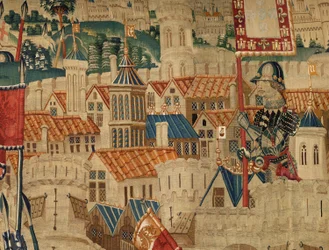 Parochiemuseum van wandtapijten. Vlaamse wandtapijt. De inname van Tanger. Serie Veroveringen van koning Alfonso I van Portugal. Tournai. Wol en zijde.