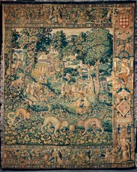 Wandtapijt. Enghien. Tekst “ESPOIR VAINCRA CROY 1589”