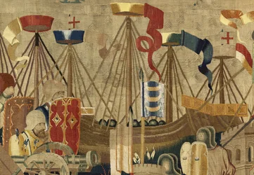 Wandtapijt met de veroveringen van koning Alfonso V van Portugal (Conquistas de Alfonso V de Portugal), Tournai. Detail. (Wol en zijde)