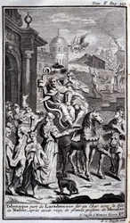 Telemachus verlaat Lacedemonië op een wagen met de zoon van Nestor na het ontvangen van grote geschenken van Menelaos. Illustratie voor boek XV van de Odyssee van Homeros, gepubliceerd in Amsterdam in 1731, privécollectie Milaan