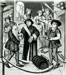 De bisschop van Doornik ontvangt de tiende van bier verleend door koning Chilperic, naar een raam van de kathedraal van Doornik