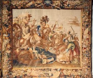 De kathedraal (Catedral de Santa María de Sigüenza). De kathedraalcollectie. Vlaamse wandtapijt. De Geschiedenis van Rome. Gesigneerd: Ian Le Clerc, D Eggermans. Brussel. Begin 17e eeuw