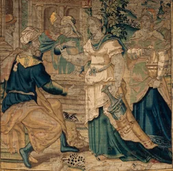 De universiteitscollecties. Vlaamse wandtapijt. Dochters van Jethro vertellen hun vader over de ontmoeting met Mozes. (detail) Oudenaarde. Ca 1550.
