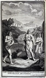 Ulysses ontsnapt aan het schipbreuk, en hoewel naakt maar gedwongen door noodzaak nadert hij Nausicaa, dochter van Antinous. Illustratie voor boek VI van de Odyssee van Homerus, in de Odyssee, gepubliceerd in Amsterdam in 1731, Milaan.