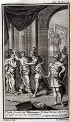Ulysses geholpen door Telemachus en twee van hun herders verjagen alle achtervolgers. Illustratie voor boek XXII van de Odyssee van Homerus, in de Odyssee, gepubliceerd in Amsterdam in 1731, Privécollectie Milaan.