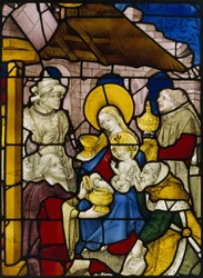 Raam met de Aanbidding der Koningen (glas-in-lood)