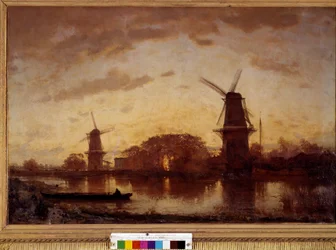 De oevers van de Amstel Rivier landschap met molens in Nederland. Schilderij door Felix Ziem (1821-1911). 1852. Zon 1,01 X 1,50 m. Bordeaux, Museum voor Schone Kunsten