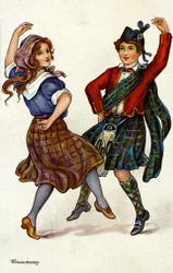 Koppel dansend in traditionele Schotse kostuum. Chromolithografie door Florence Hardy